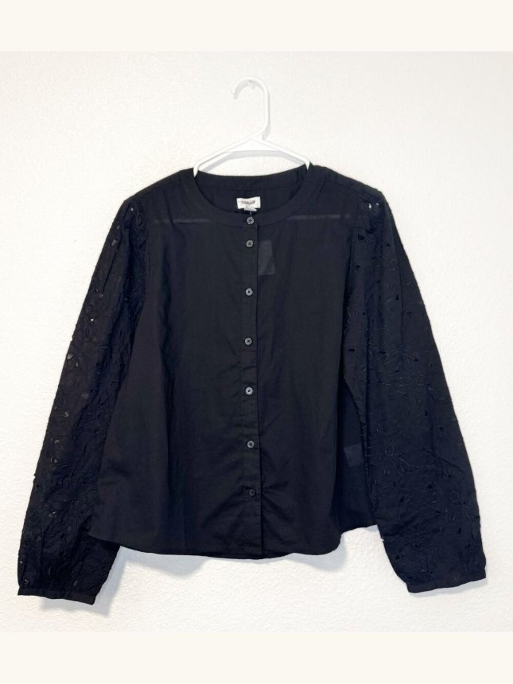 J. Crew Factory Eyelet-Sleeve Button-Front Top NWT in Black Medium